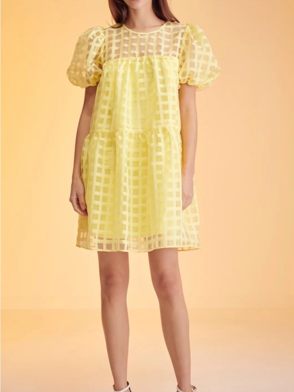 English Factory Yellow Gingham Puff-Sleeve Midi Dress